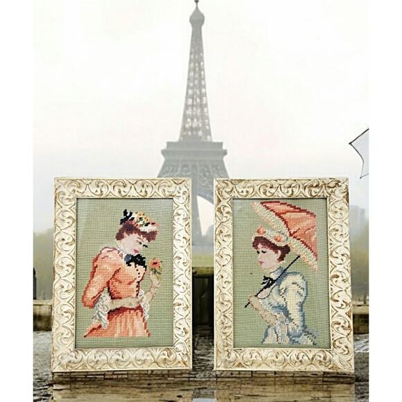 Vintage Needlepoint Circa 1950's Victorian Ladies With Original Frames - Picture 1 of 8